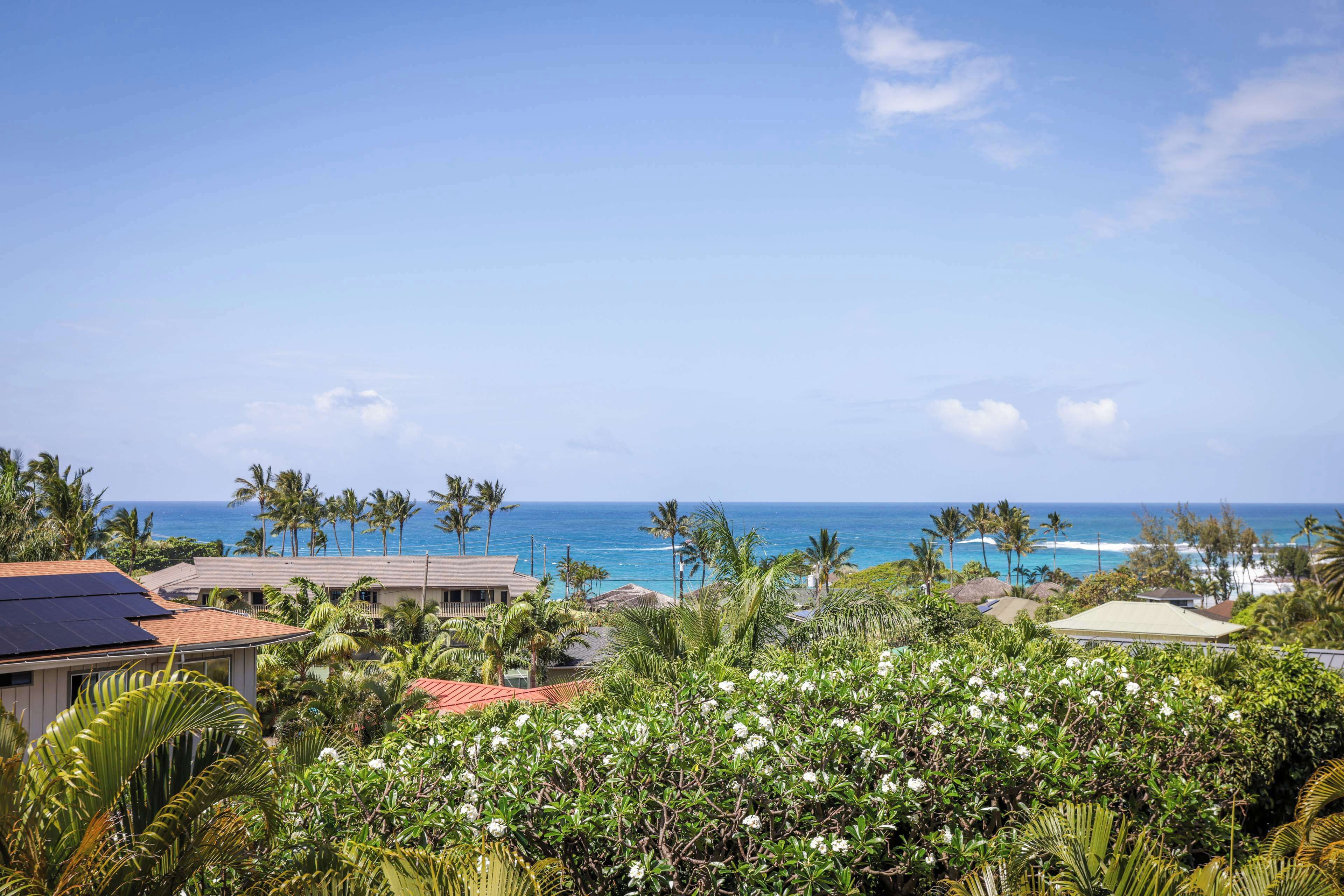 A coastal view with a clear sky, palm trees, and a beach in the distance.