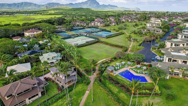 A residential area with houses, a swimming pool, and a tennis court. - Aston at Poipu Kai (Koloa)