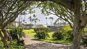 A pathway leading to a beach with palm trees and a bench. - Aston at Poipu Kai (Koloa)