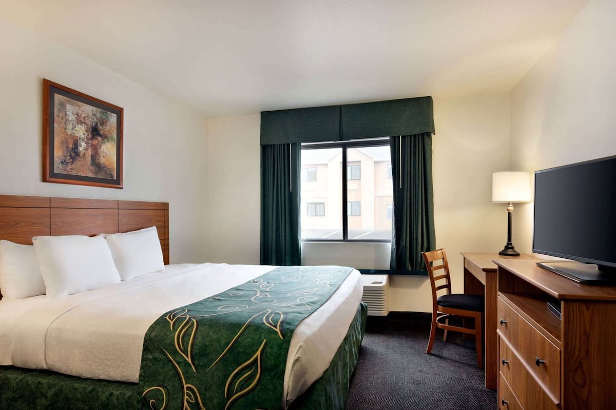 A hotel room with a bed, a desk with a television, a chair, a window with curtains, and a painting on the wall.