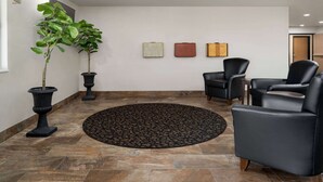 Un hall con un tapete redondo, dos plantas en macetas, tres obras de arte enmarcadas y dos sillones de cuero negro.