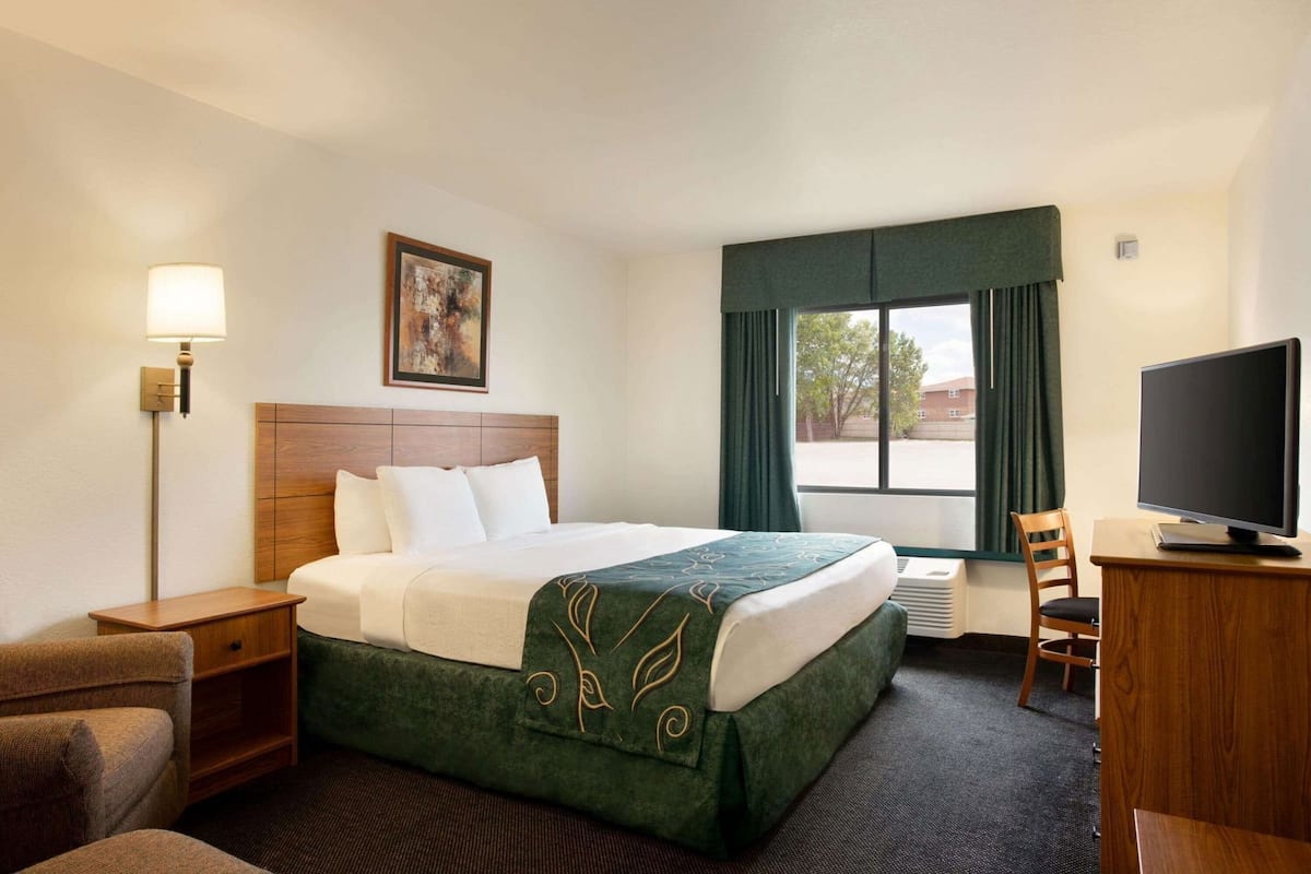 A hotel room with a bed, a desk with a television, a chair, a lamp, and a window with curtains.
