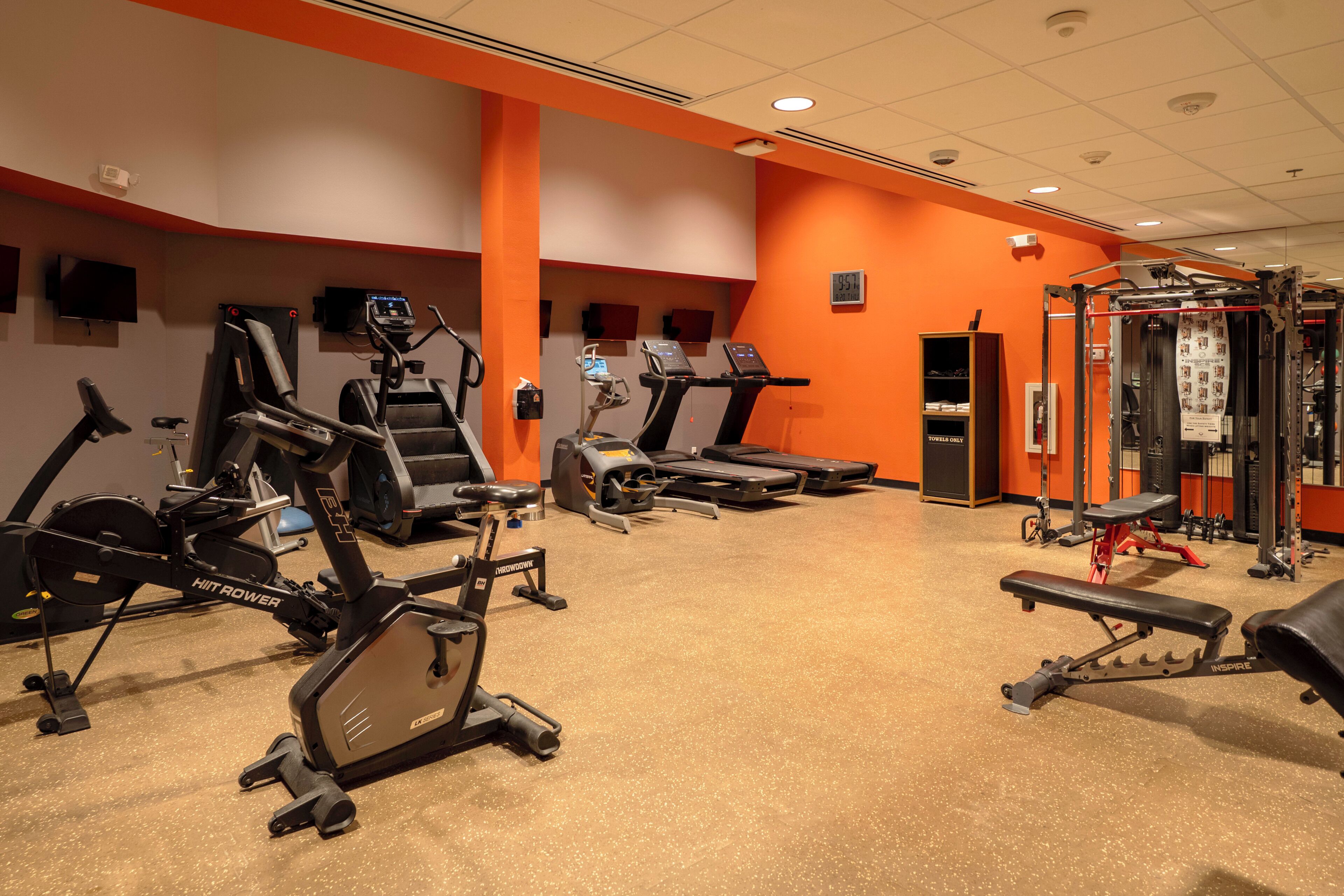 A gym with treadmills, ellipticals, and weight machines.