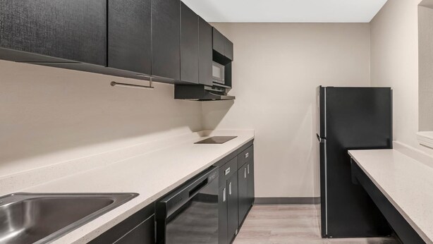 Una cocina moderna con gabinetes oscuros, un lavamanos de acero inoxidable y un refrigerador negro.