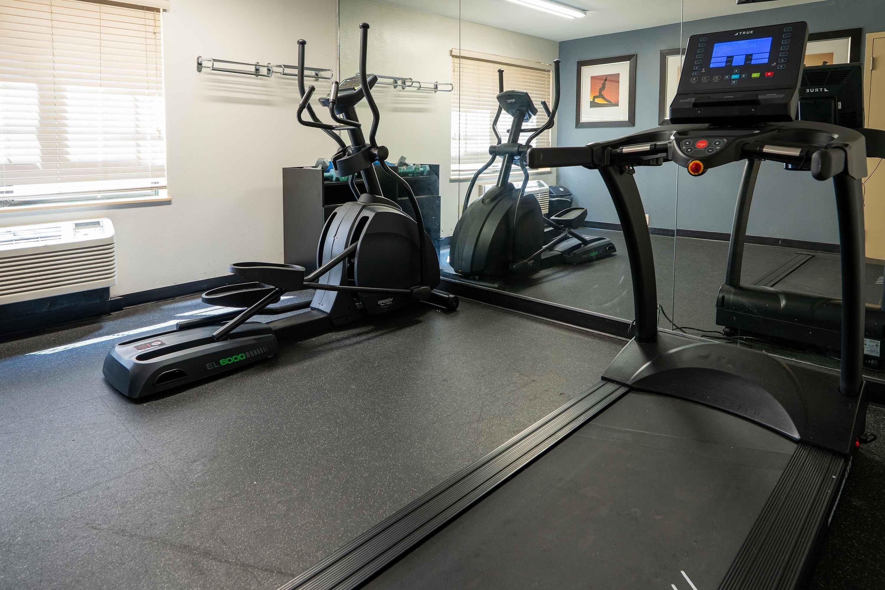 A gym with treadmills, elliptical machines, and a mirrored wall.
