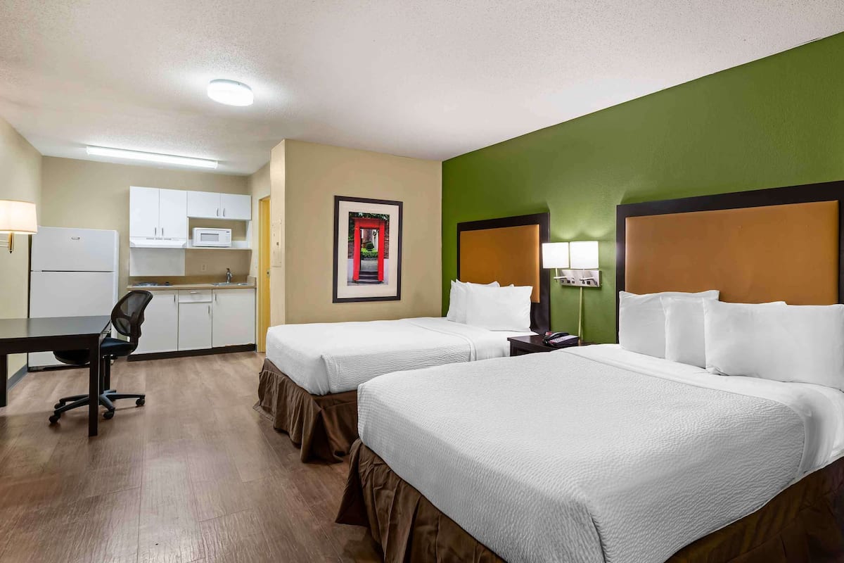 Studio Suite, 2 Double Beds, Non Smoking, Kitchen | Desk, laptop workspace, blackout drapes, iron/ironing board