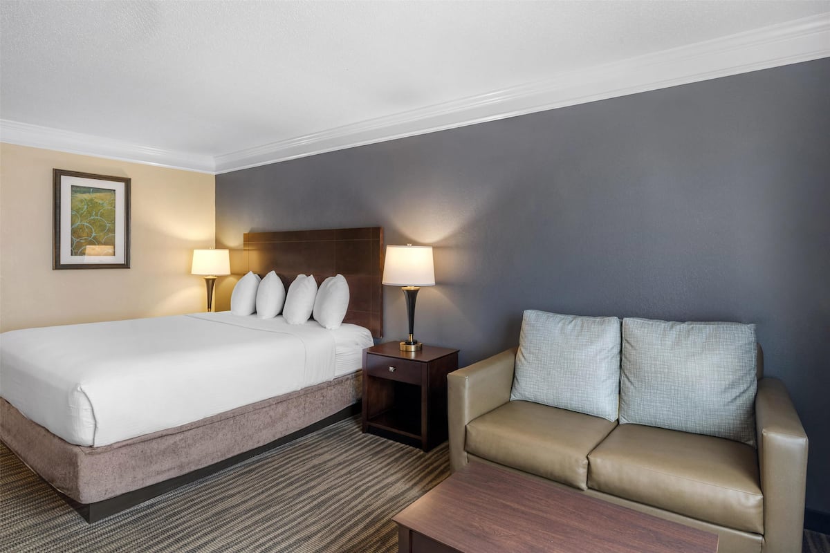 A hotel room with a bed, a sofa, two lamps, and a framed picture on the wall.