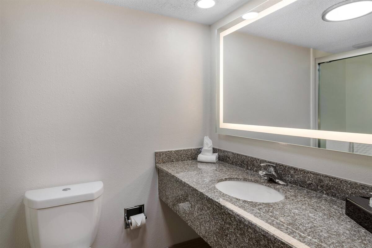 standard room, 1 king bed, non smoking, refrigerator & microwave | bathroom | combined shower/bathtub, free toiletries, hair dryer, towels