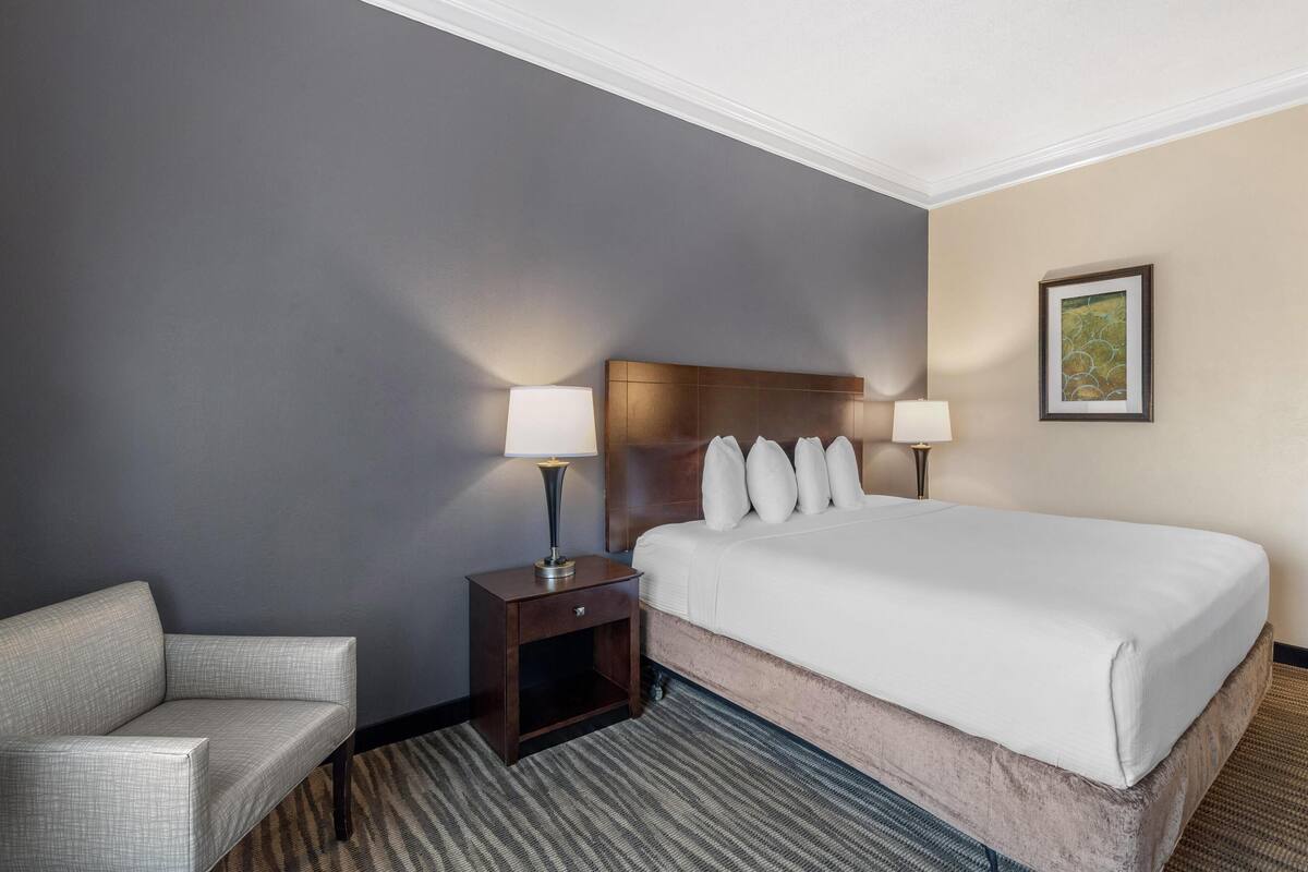 A hotel room with a large bed, a nightstand with a lamp, a chair, and a framed picture on the wall.