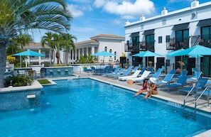 Outdoor pool, pool umbrellas, pool loungers