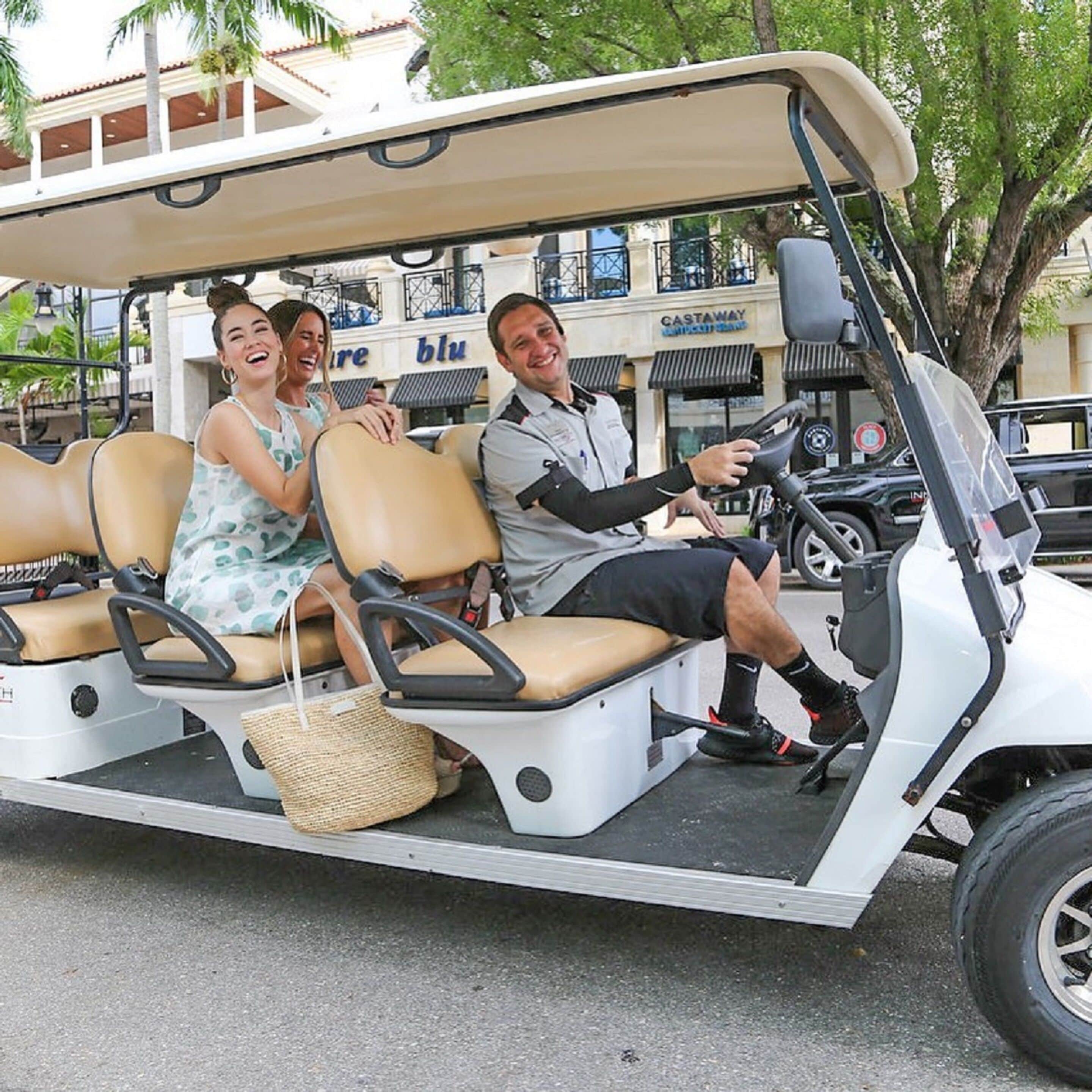 A golf cart with three passengers, a steering wheel, and a basket.