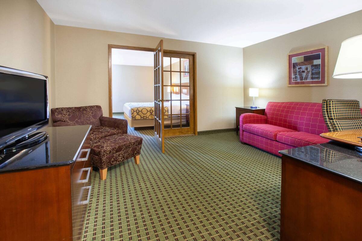 Ett hotellrum med en säng, en tv, ett skrivbord, en rosa soffa och en mönstrad matta.