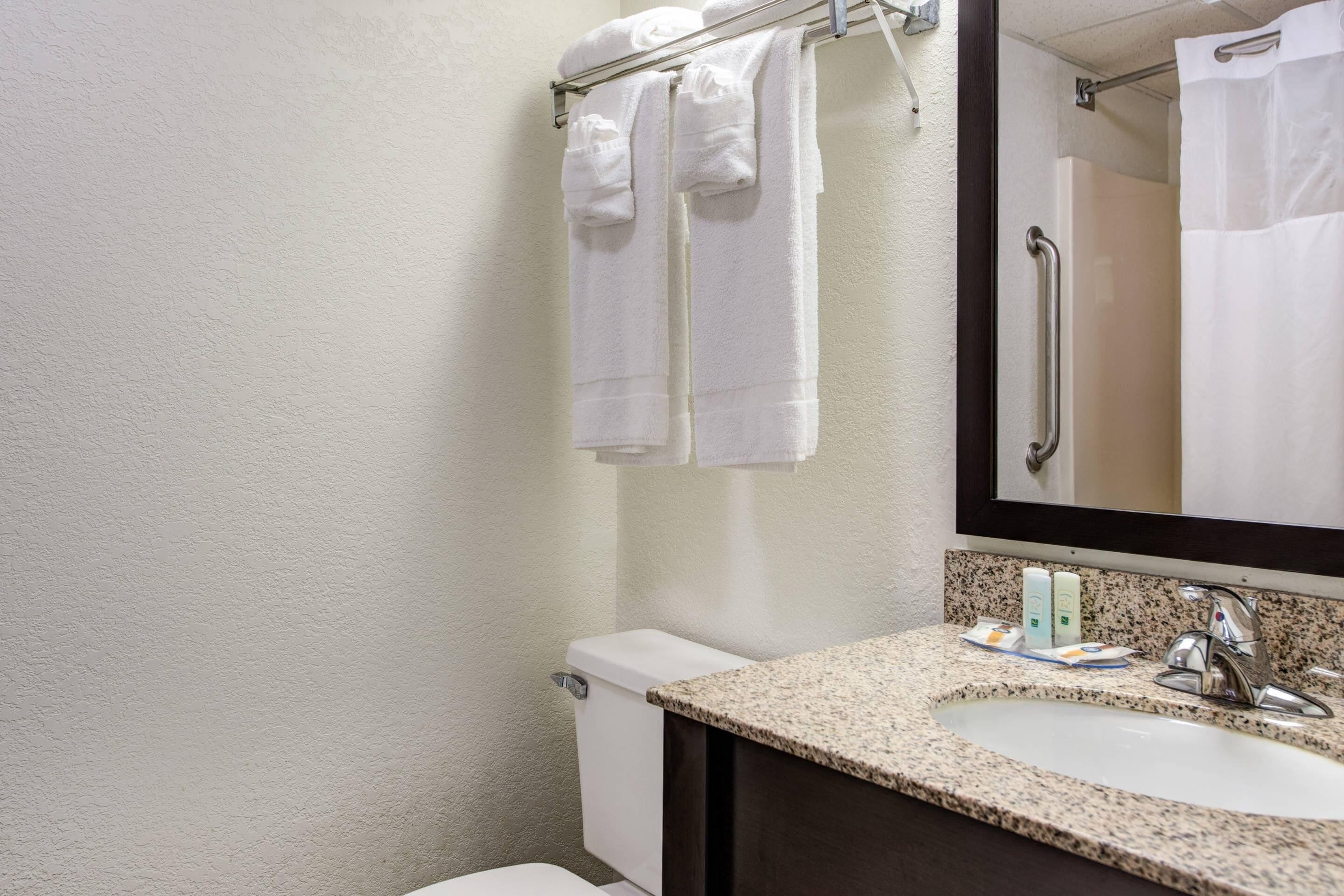 A bathroom with a white toilet, a granite countertop sink, a mirror, and a towel rack with two towels.