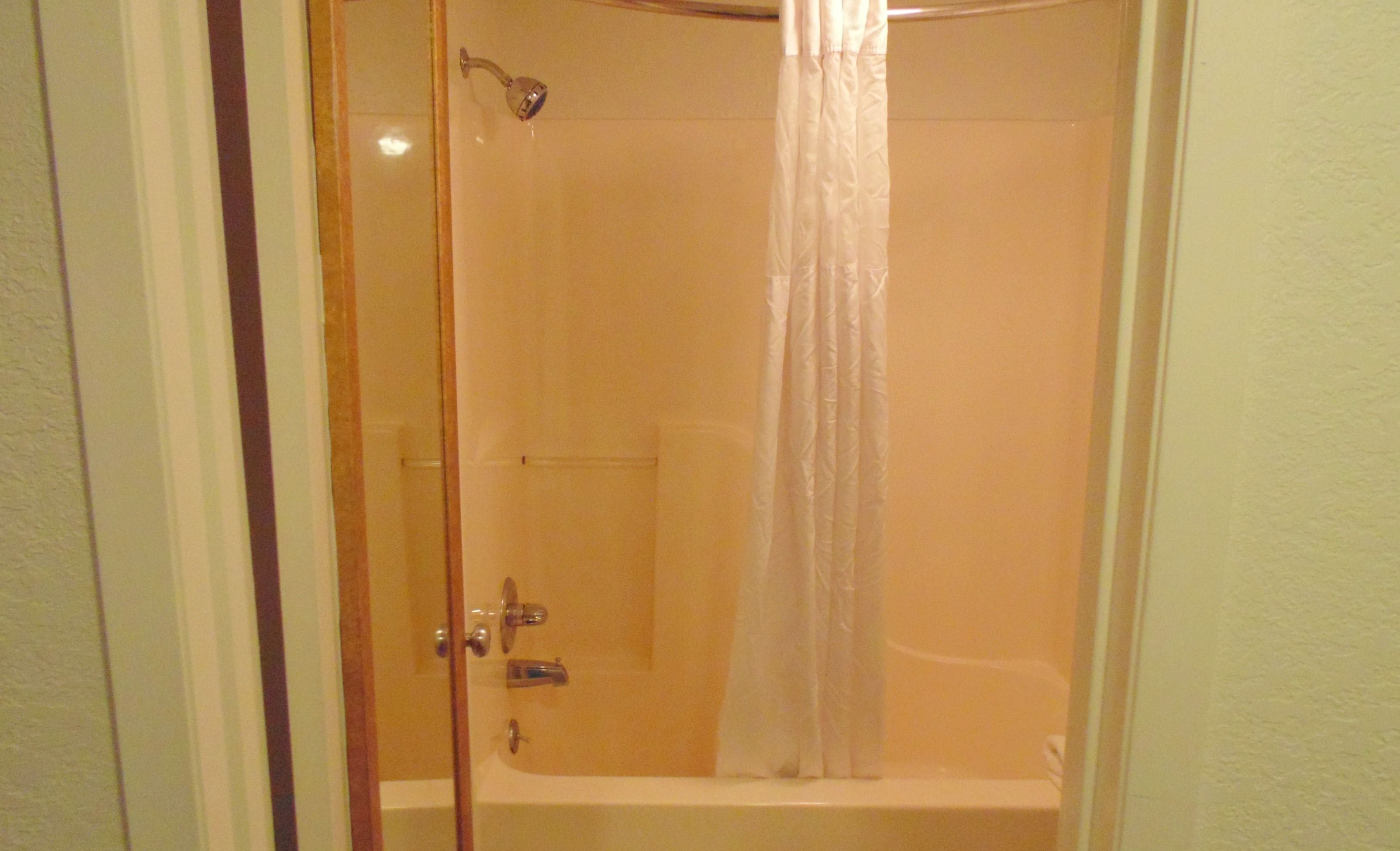 A small, enclosed shower area with a glass door, a showerhead, and a curtain.