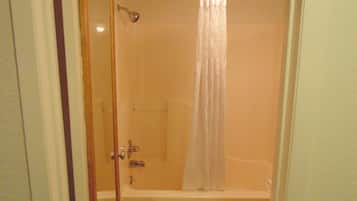 A small, enclosed shower area with a glass door, a showerhead, and a curtain.