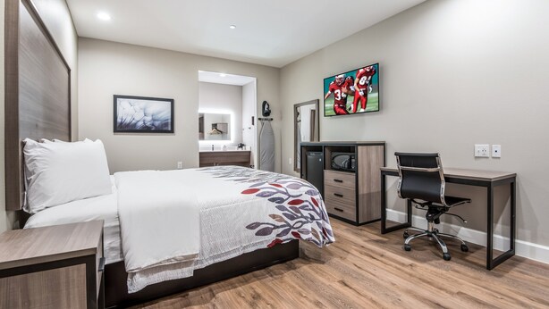 Une chambre à coucher moderne, équipée d’un lit, d’un bureau, d’une chaise, d’un téléviseur et d’un miroir.