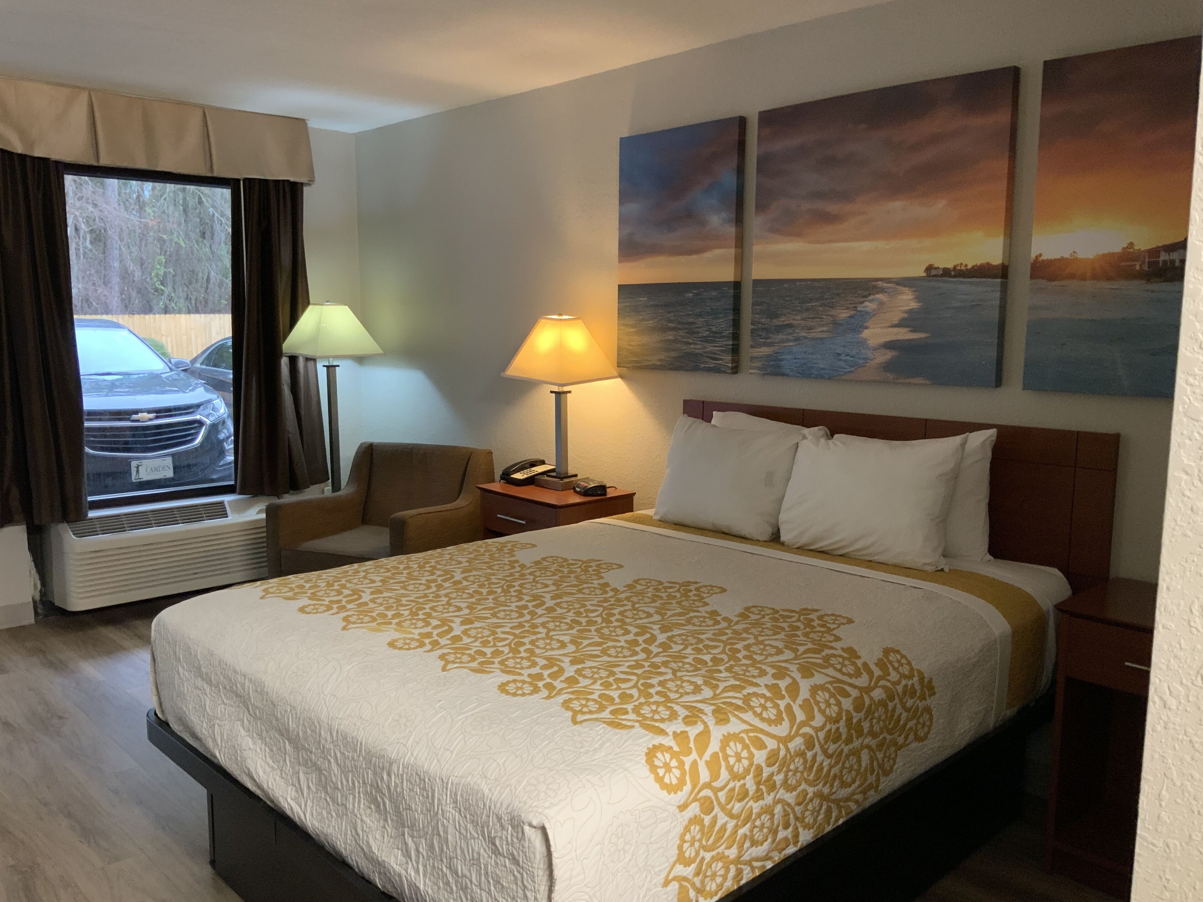 Individually decorated, desk, laptop workspace, iron/ironing board