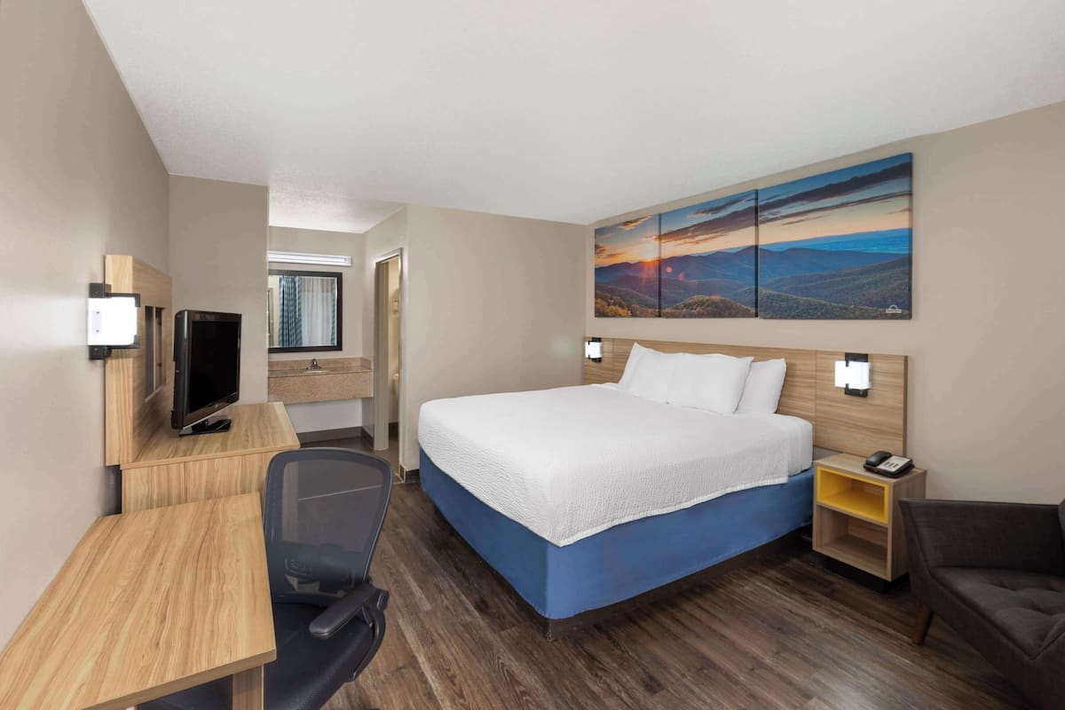 Ein Hotelzimmer mit Bett, Schreibtisch, Stuhl, Fernseher und einem Bild an der Wand.