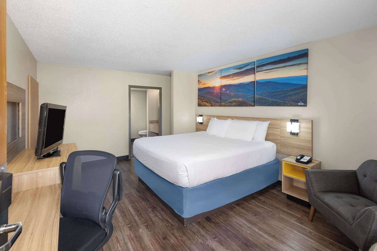 Une chambre d’hôtel avec un lit, un bureau avec un ordinateur, une chaise, un canapé et un tableau au mur.