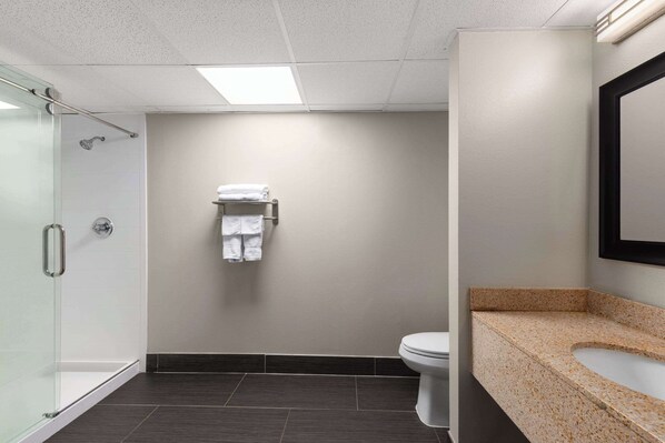 Ein modernes Badezimmer mit Glasdusche, Toilette und Waschbecken mit Granitplatte.