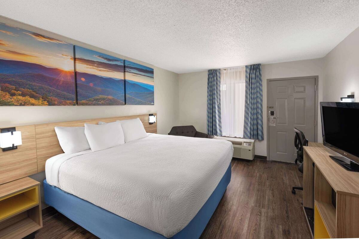 Une chambre d’hôtel avec un grand lit, un bureau avec une télévision, un tableau représentant un paysage et une porte.