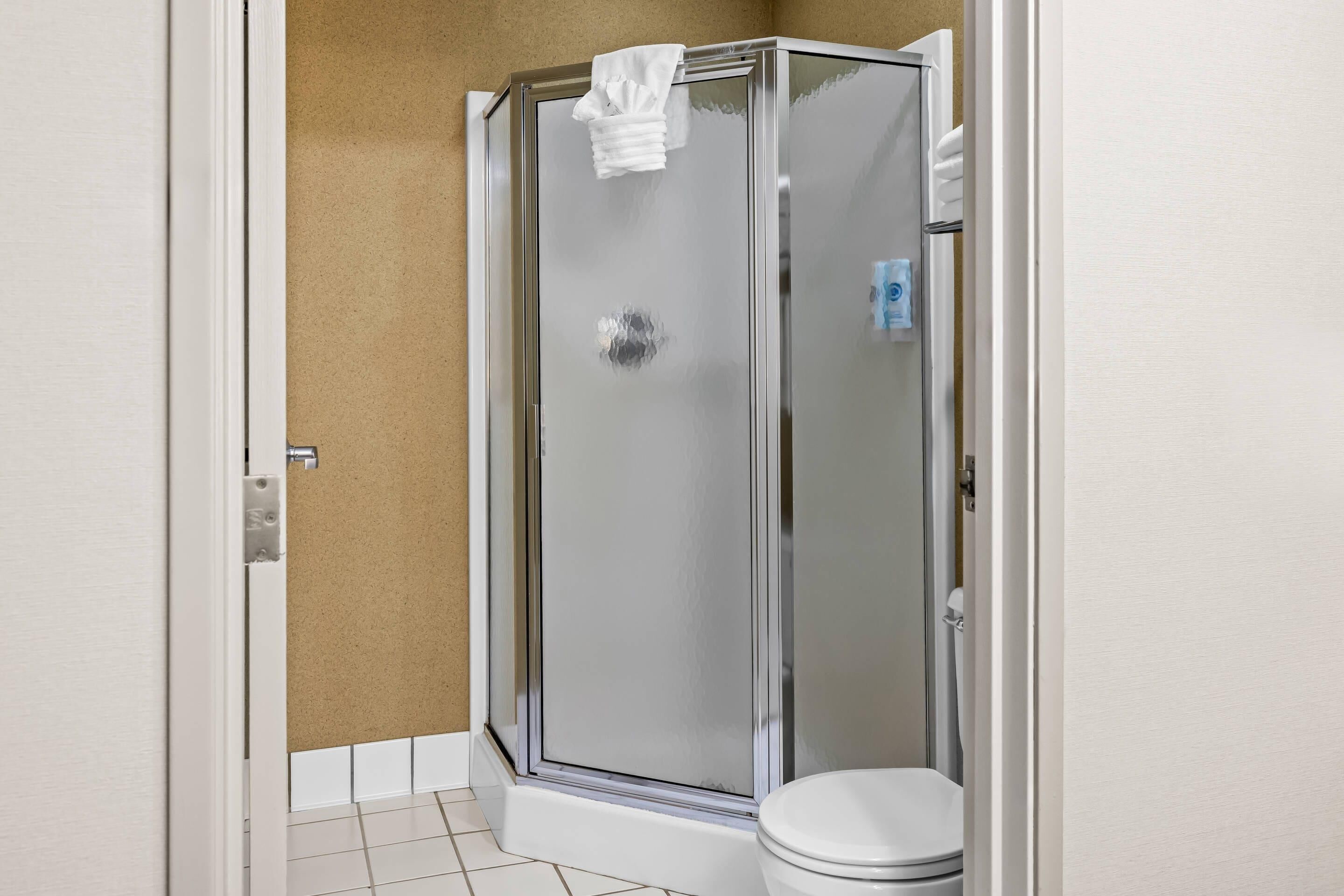 Un baño con ducha envuelta en vidrio, inodoro blanco y una toalla colgada en la puerta de la ducha.