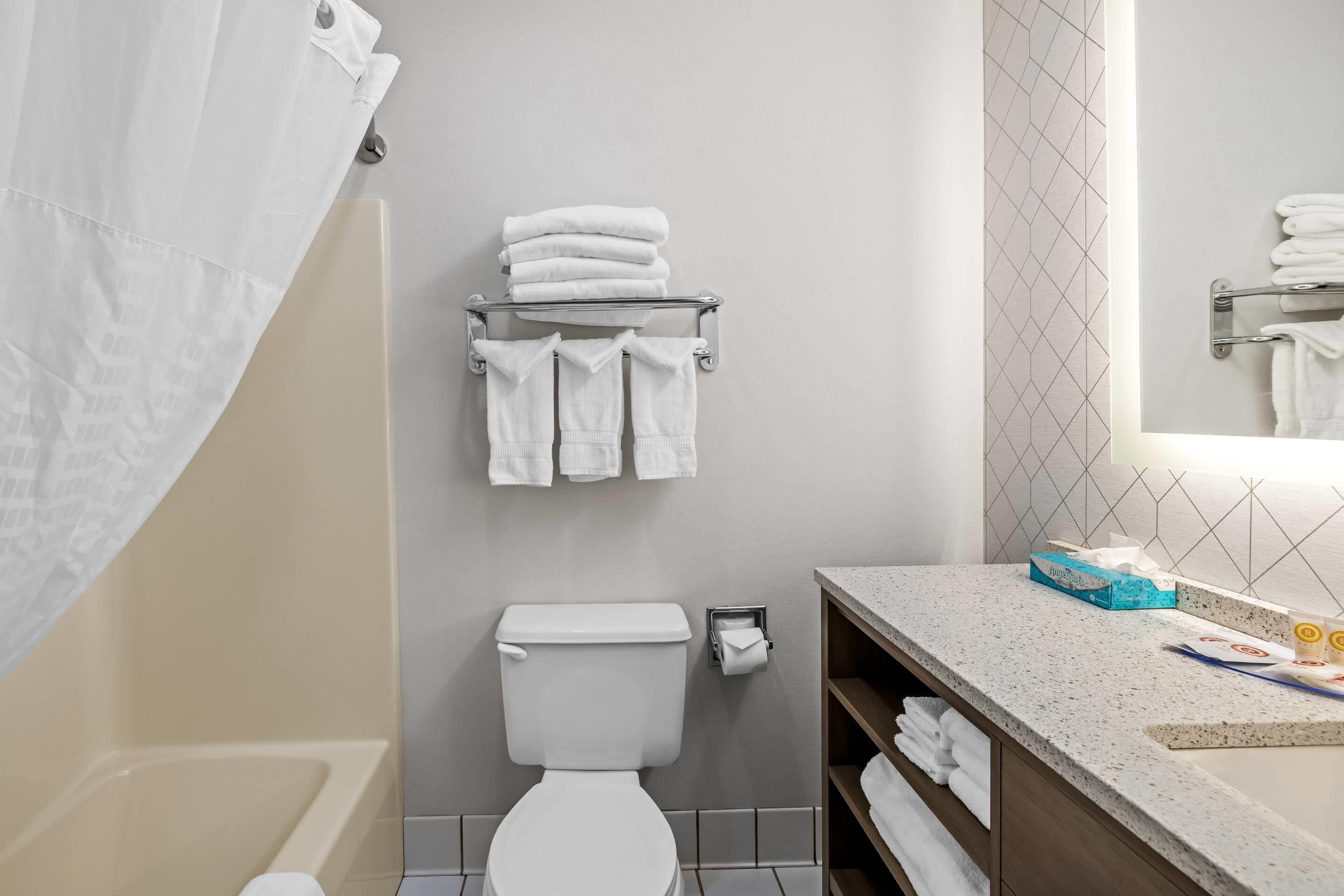 A modern bathroom with a toilet, towel rack, and a sink area.