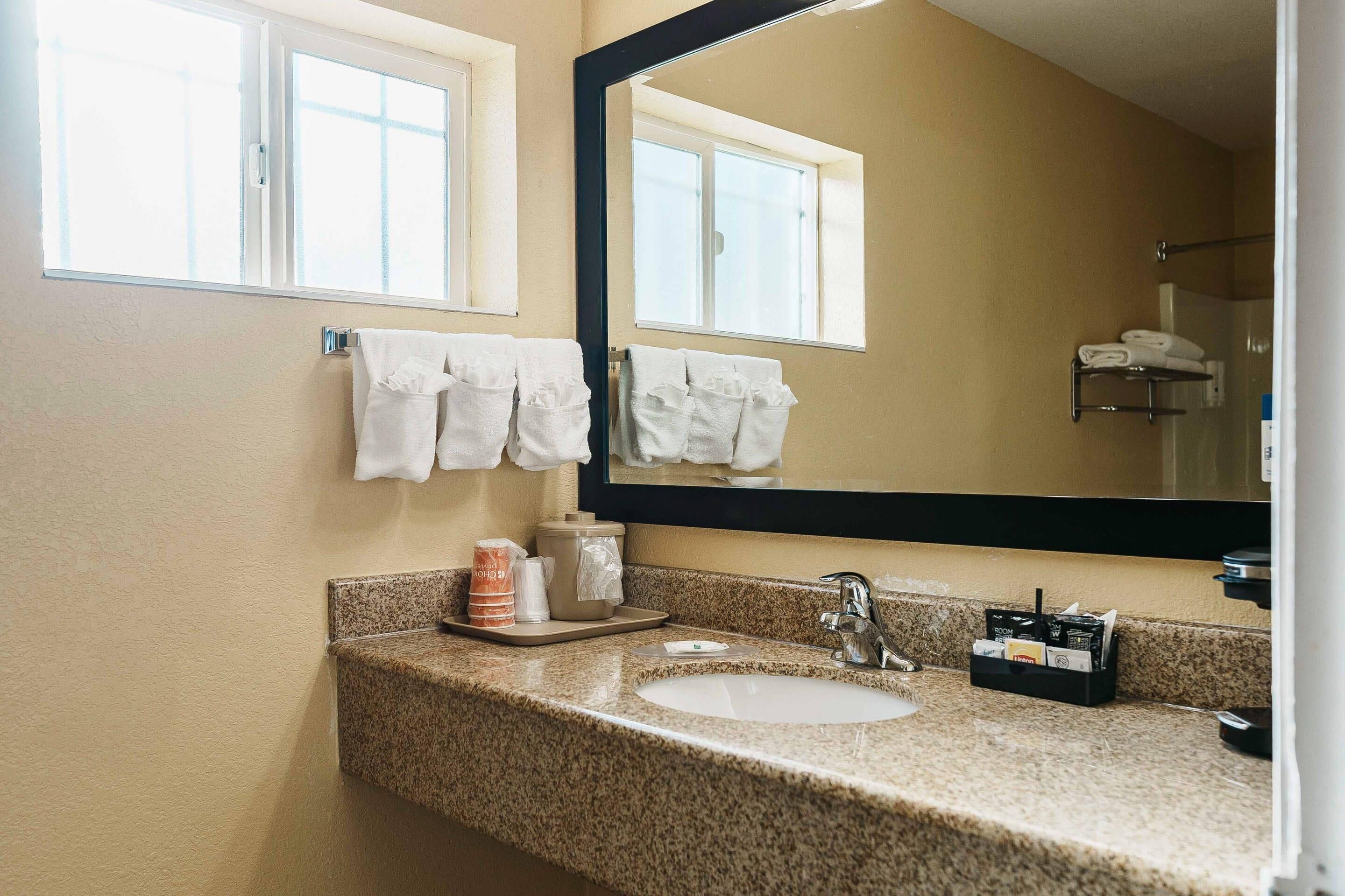 Une salle de bain avec un comptoir en granit, un lavabo, un miroir et deux fenêtres.