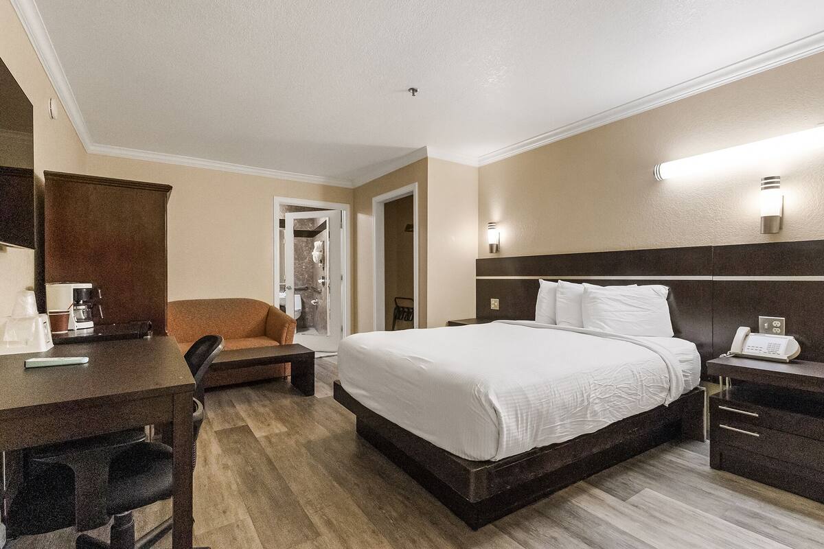 A hotel room with a bed, bedside table, chair, desk, and a bathroom visible through an open door.