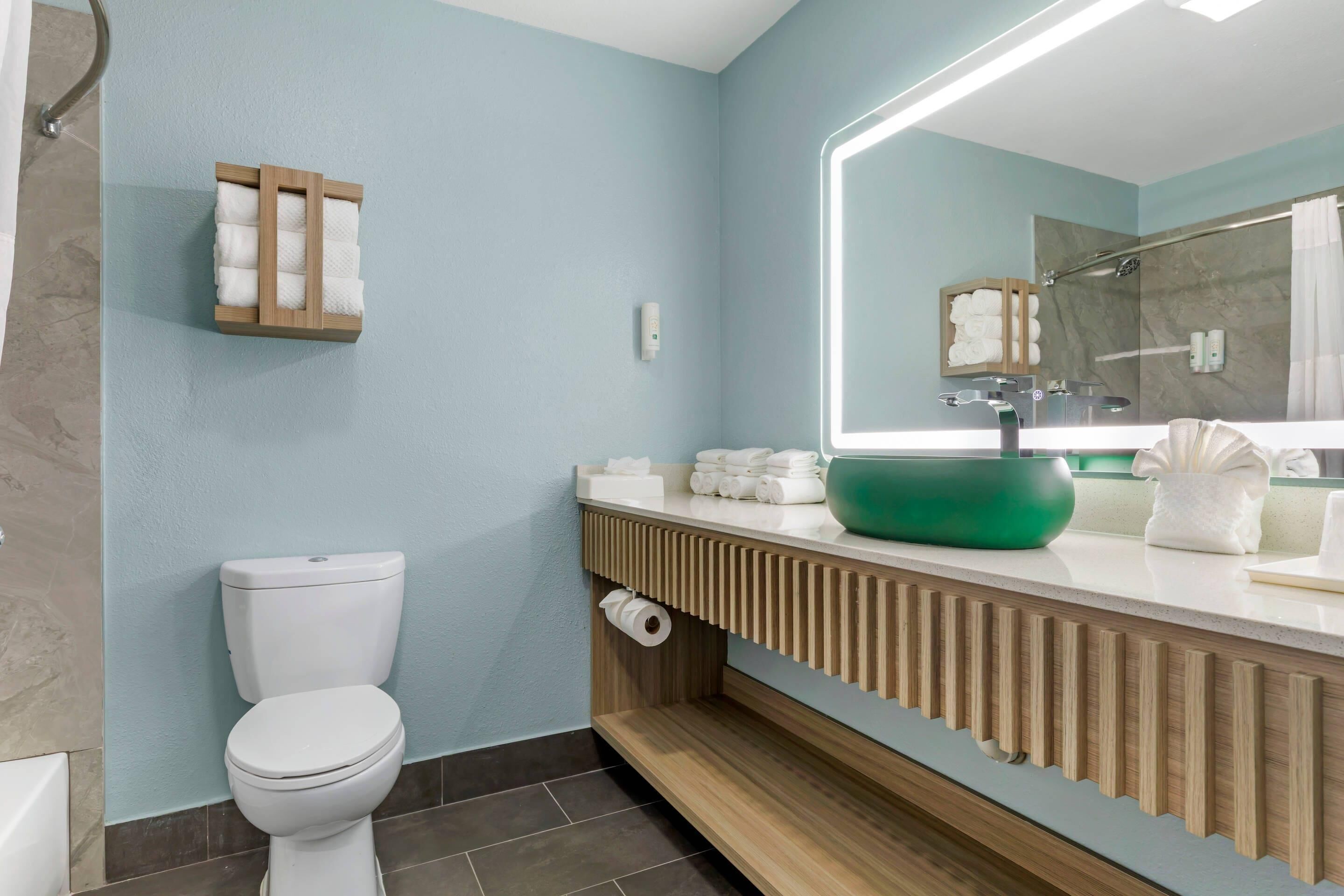 A bathroom with a toilet, a towel rack, a mirror, and a green sink.