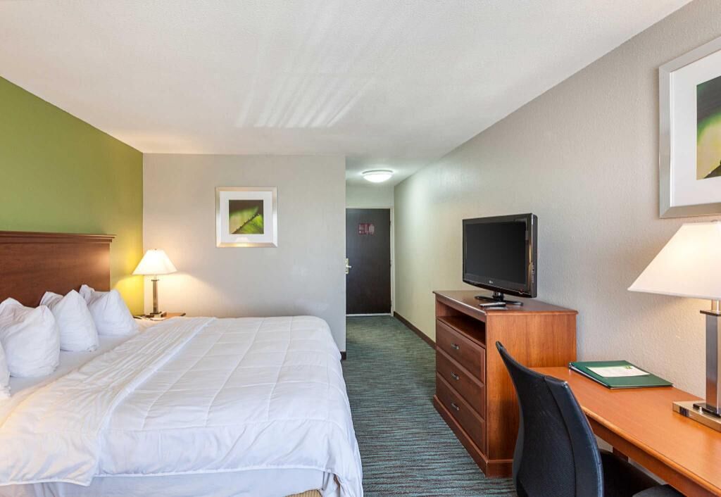 Hypo-allergenic bedding, desk, laptop workspace, blackout drapes