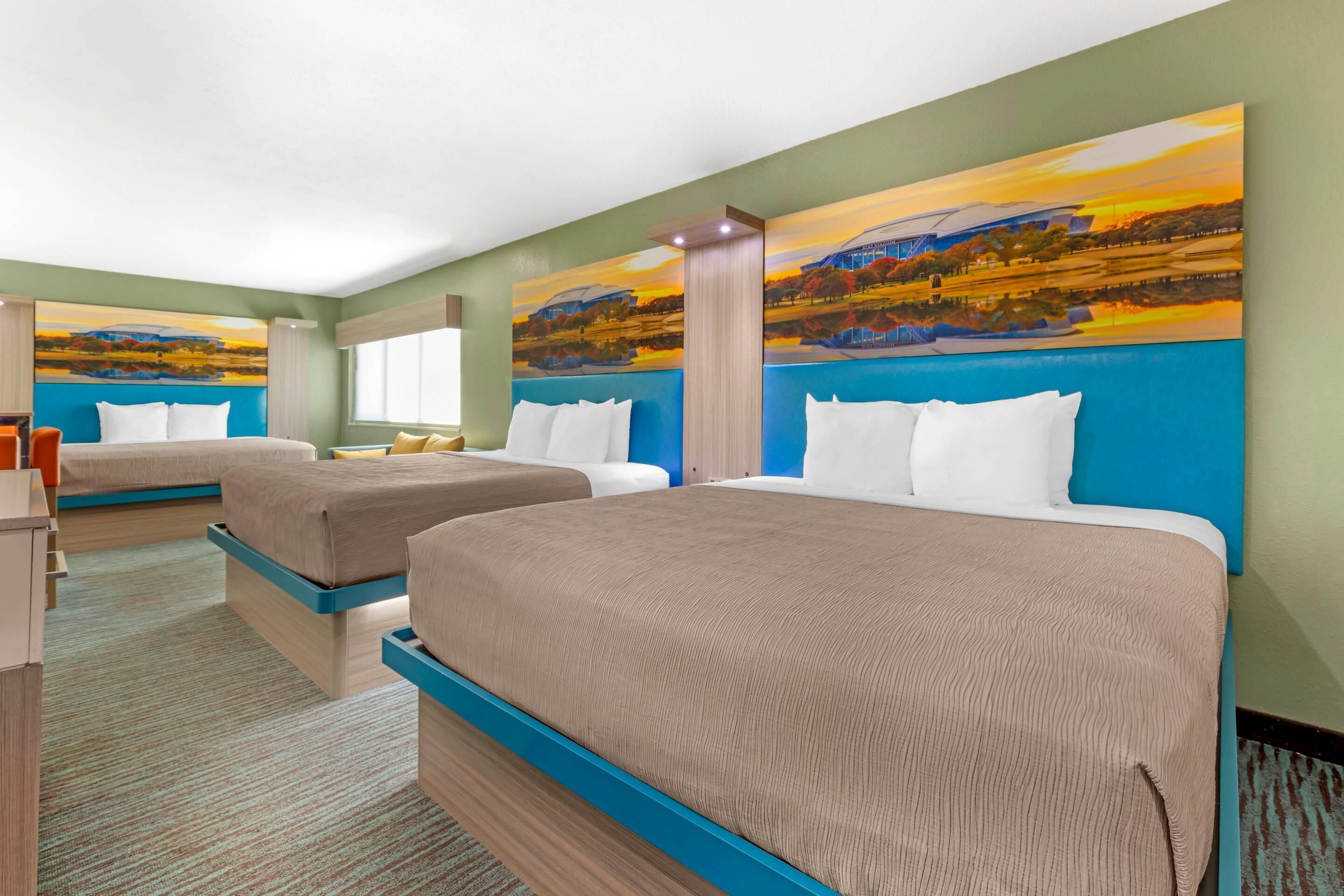 Hypo-allergenic bedding, desk, laptop workspace, blackout curtains