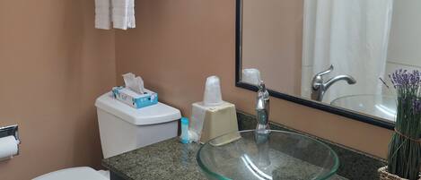 Une salle de bain avec un lavabo en forme de bol en verre, un porte-serviettes avec des serviettes pliées, des toilettes et un rideau de douche.