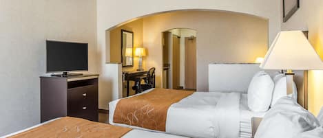A hotel room with two beds, a TV, a desk, and a mirror.