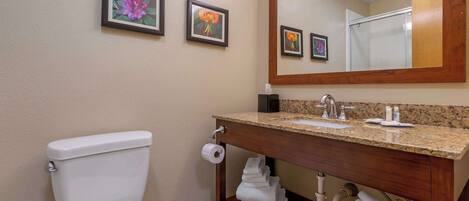 A bathroom with a toilet, sink, and mirror. There are towels and a toilet paper roll visible.