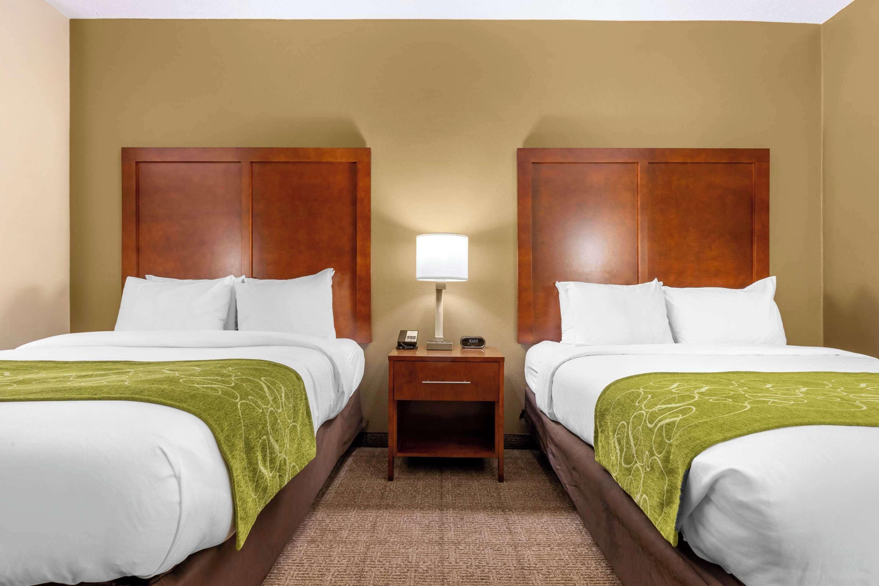 A hotel room with two beds, a nightstand with a lamp, and a carpeted floor.