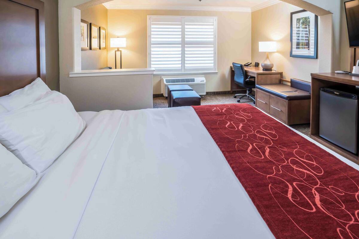 A hotel room with a bed, a desk, a chair, a TV, and a window with blinds.