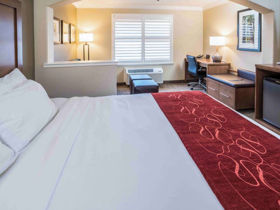 A hotel room with a bed, a desk, a chair, a TV, and a window with blinds.