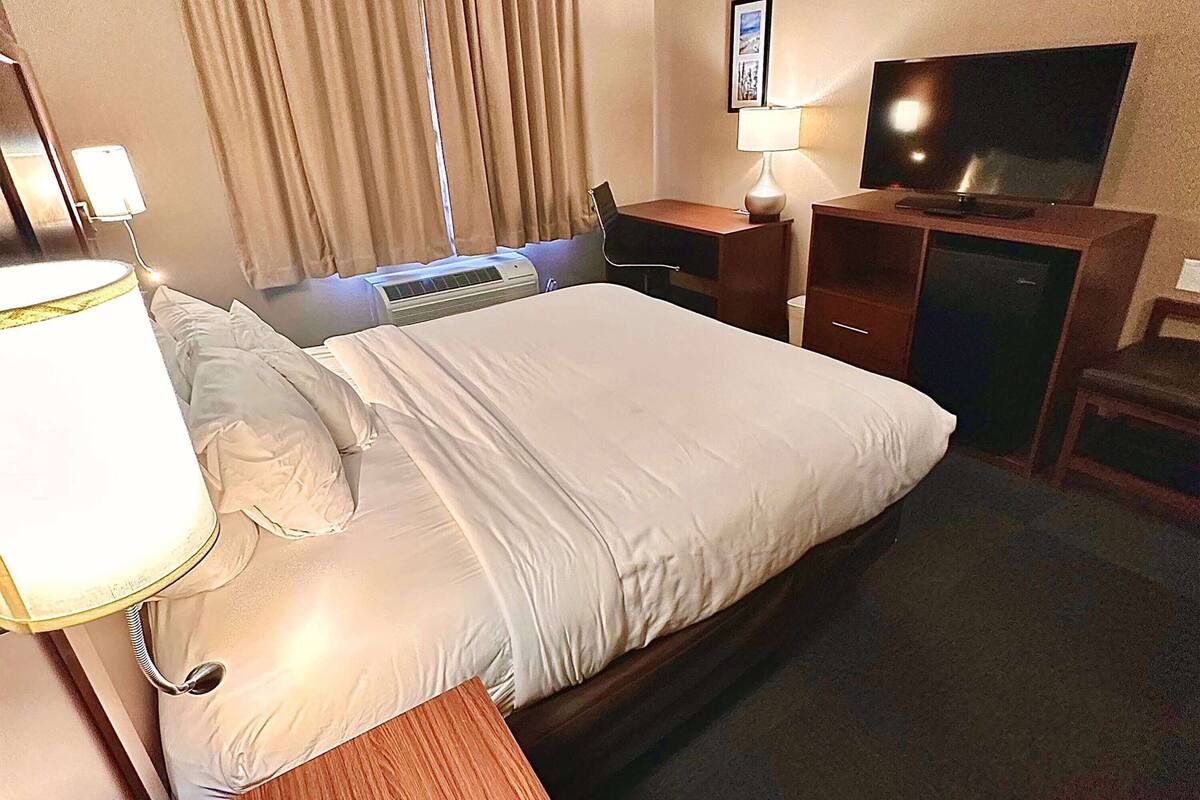 Una habitación de hotel con una cama, un escritorio, un televisor y una lámpara.