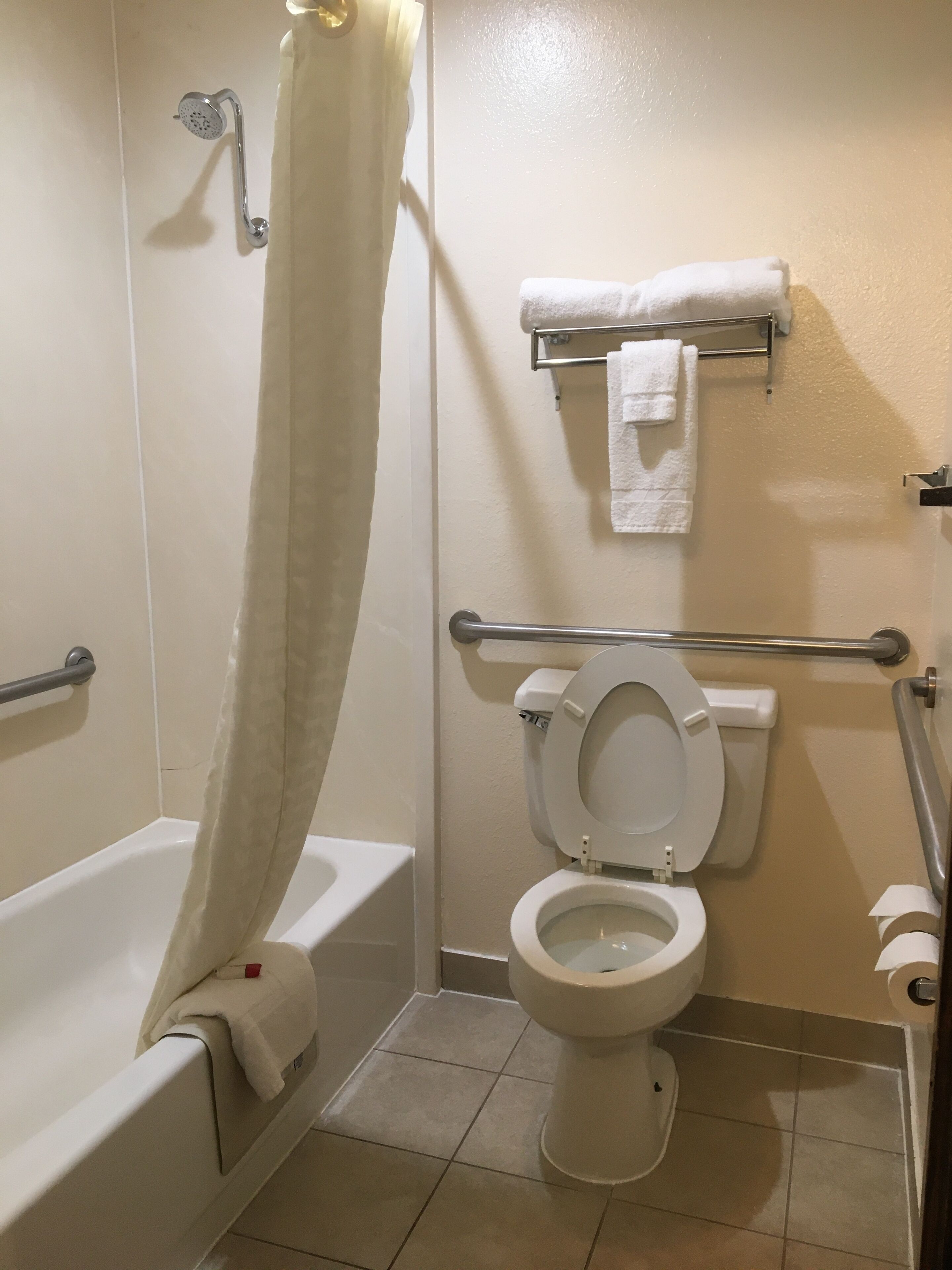 Combined shower/bathtub, free toiletries, hair dryer, towels