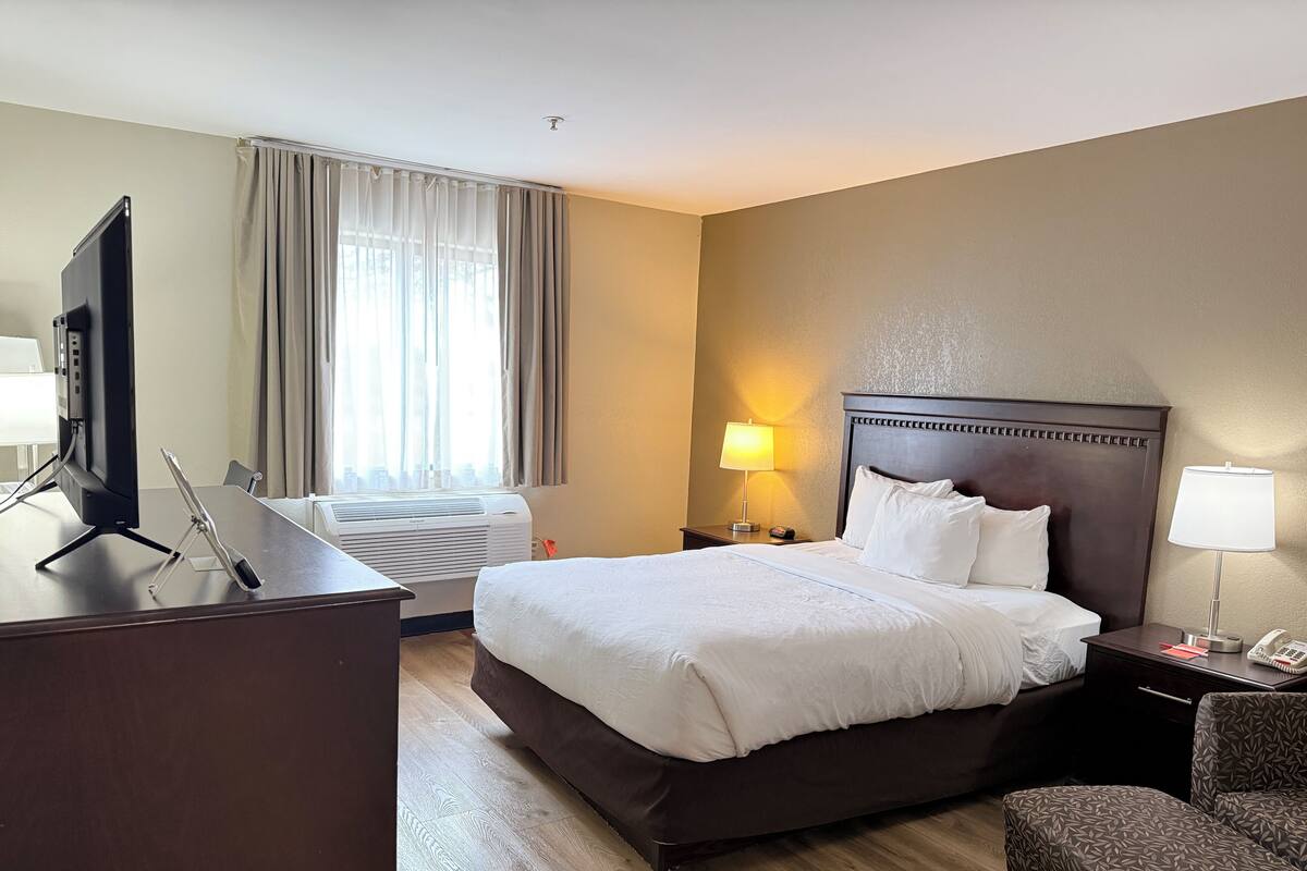 Habitación de hotel con una cama grande, un escritorio con computadora, una silla, una lámpara y un ventanal con cortinas.