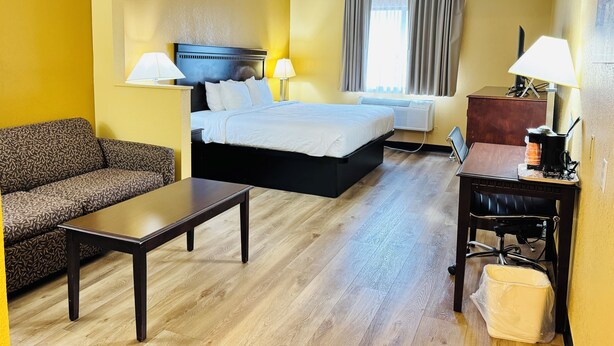A hotel room with a bed, a sofa, a desk, and a chair.