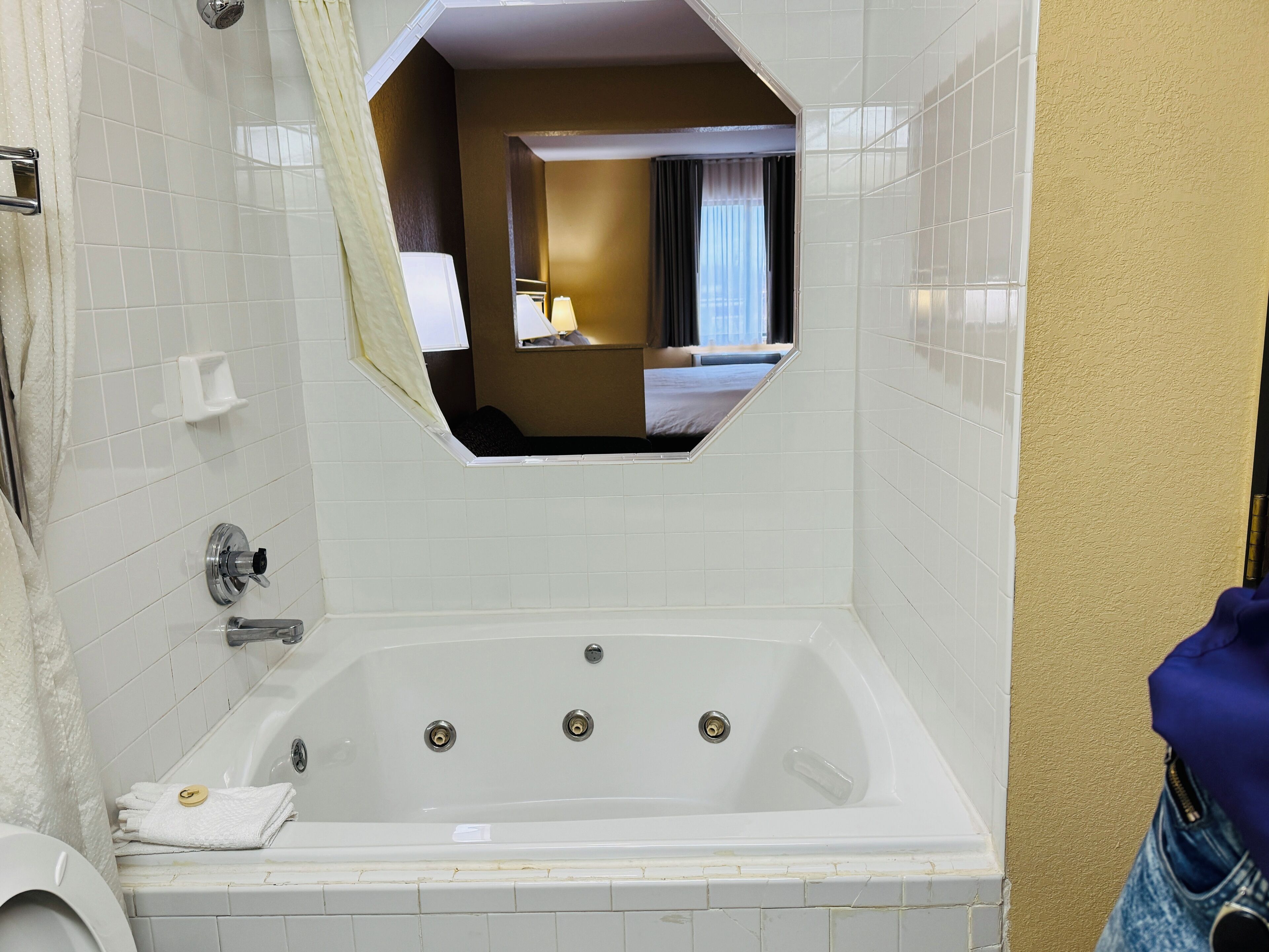 A bathroom with a large bathtub, a shower, and a mirror reflecting a room with a bed and a window.