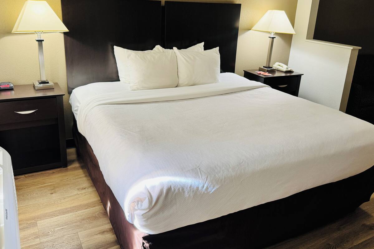 Una cama bien hecha con sábanas blancas, dos mesitas de noche con lámparas y un cabecero oscuro.