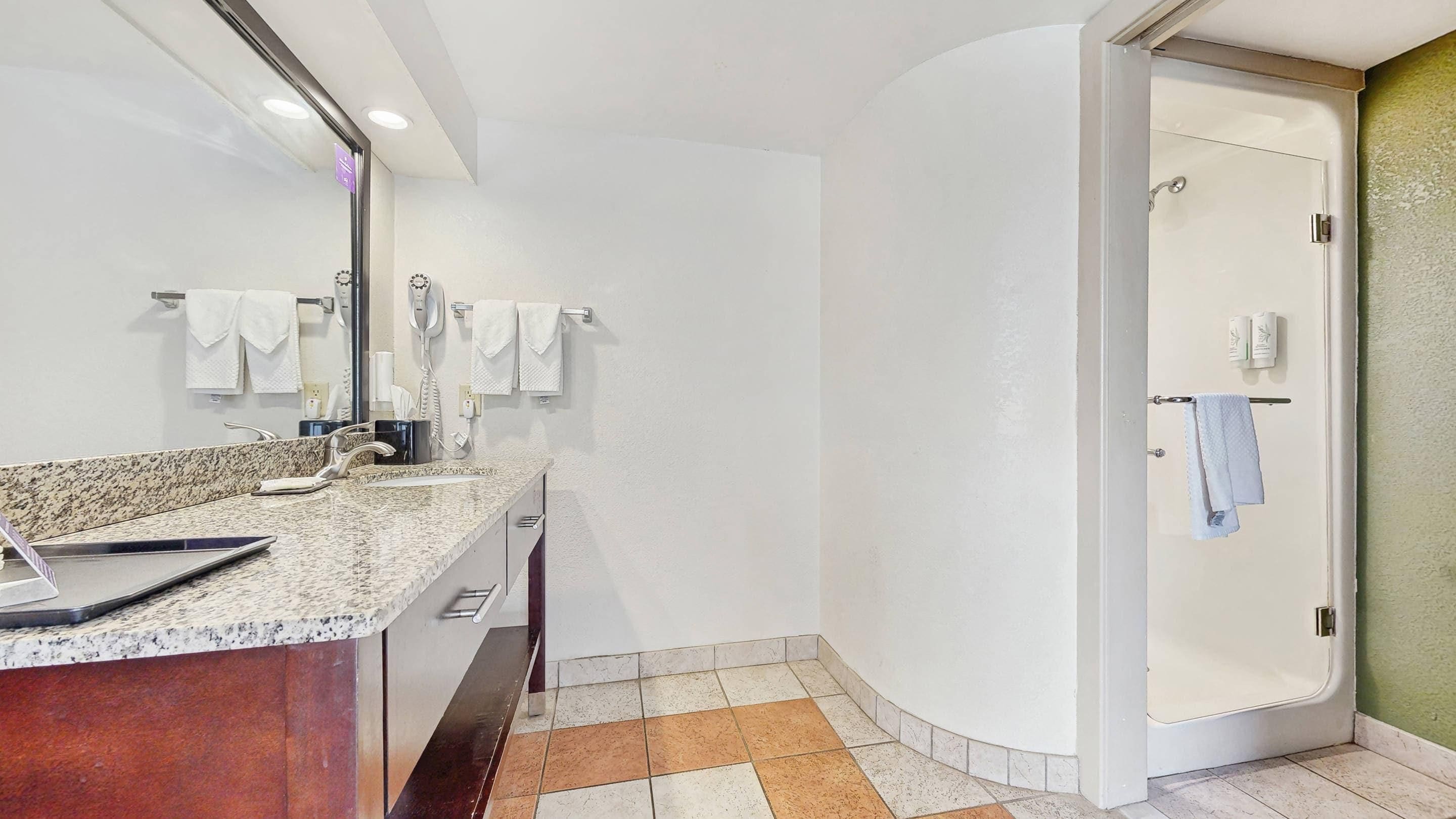 Een moderne badkamer met een granieten aanrechtblad, een spiegel, een handdoekrek en een douche.