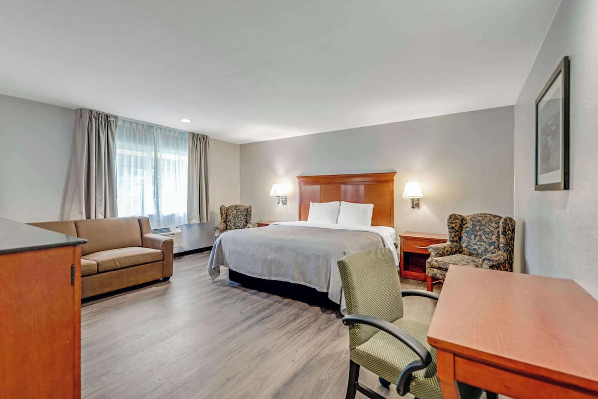 Una habitación de hotel con cama, dos sillones, un escritorio y ventana con cortinas.