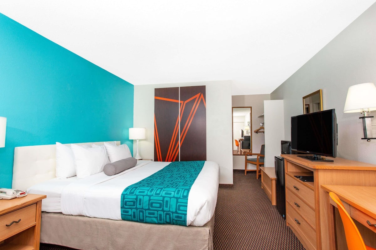 A hotel room with a bed, a desk, a television, and a mirror.