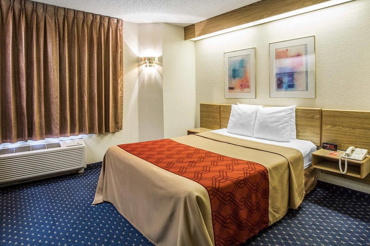A hotel room with a bed, a nightstand, a lamp, and a window with curtains.