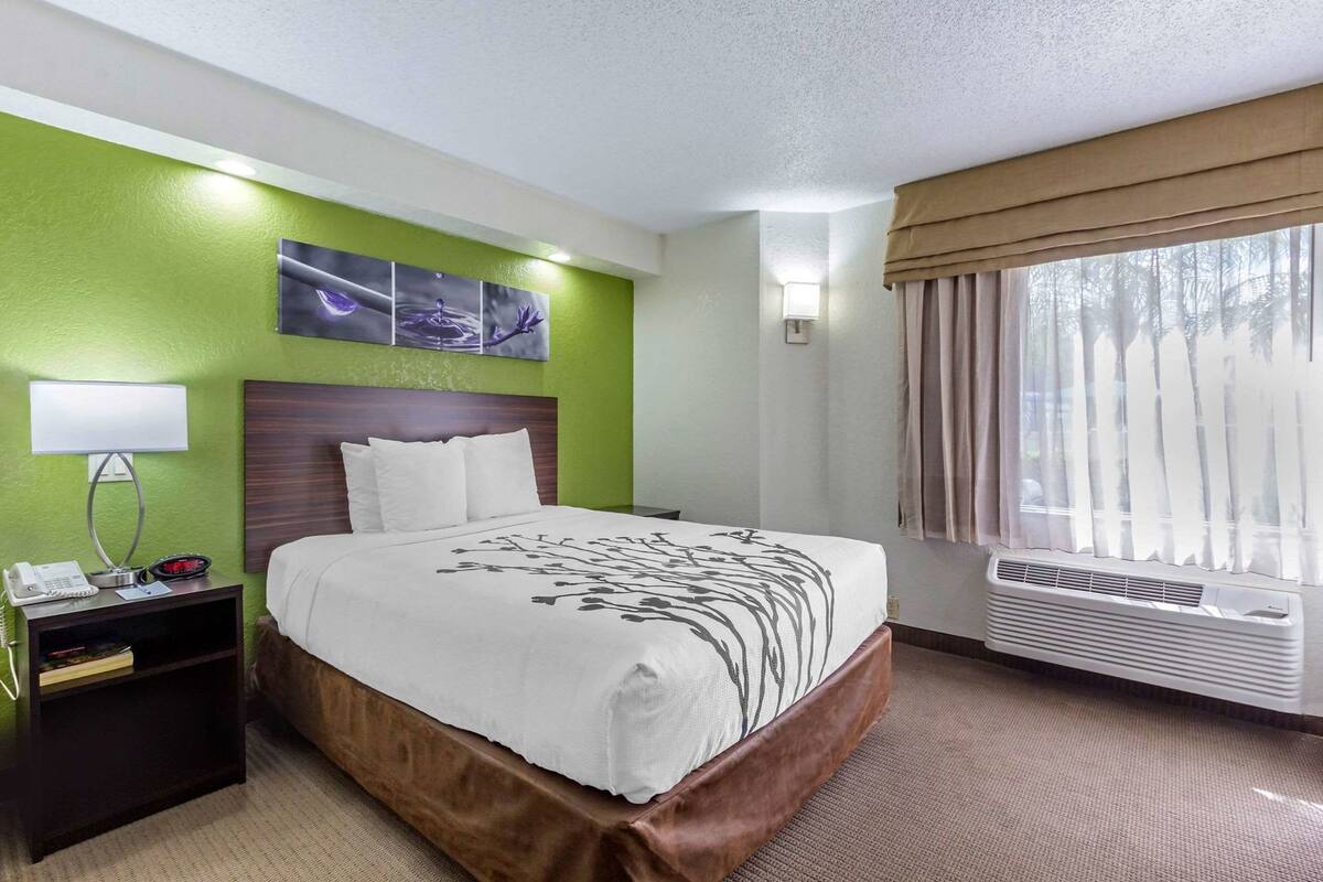 A hotel room with a bed, a nightstand, a lamp, a phone, a wall art piece, and a window with curtains.