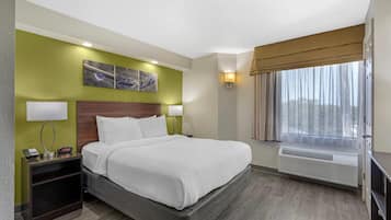Een hotelkamer met een bed, nachtlampjes, een telefoon, een verwarming en kunst aan de muur.